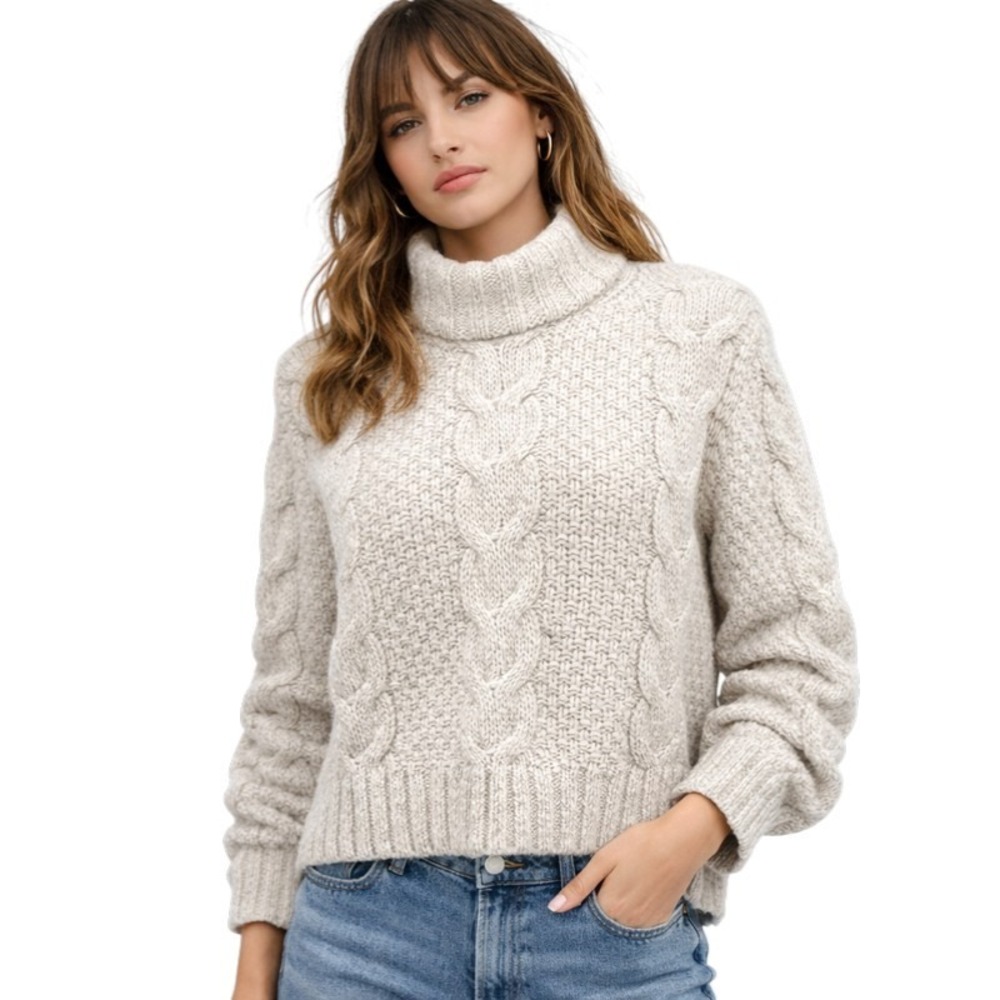 Chunky Cable Knit Mock Neck Sweater Beige Oatmeal Heather Long‎ Sleeve Textured